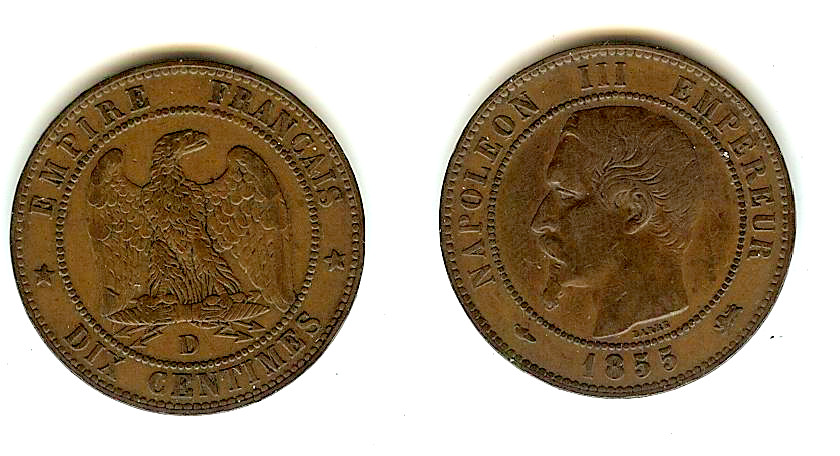 Dix centimes Napoléon III, tête nue 1855 Lyon TB++ à TTB